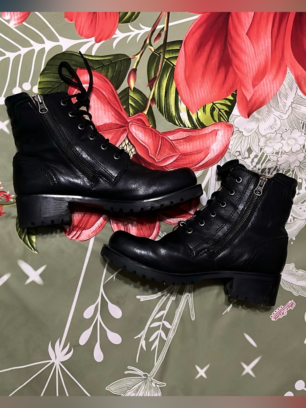 Harley Davidson Leather Combat Boots Dual Side Zip Lug Sole Womens Size 9